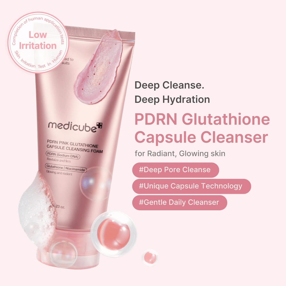 Medicube PDRN Pink Glutathione Capsule Cleansing Foam à faible irritation pour un nettoyage quotidien et une peau plus nette avec un éclat naturel