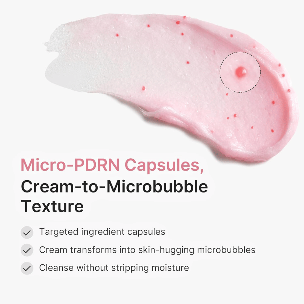 Nettoyant crémeux avec des capsules de PDRN qui se transforment en microbulles et nettoient la peau en douceur sans la dessécher