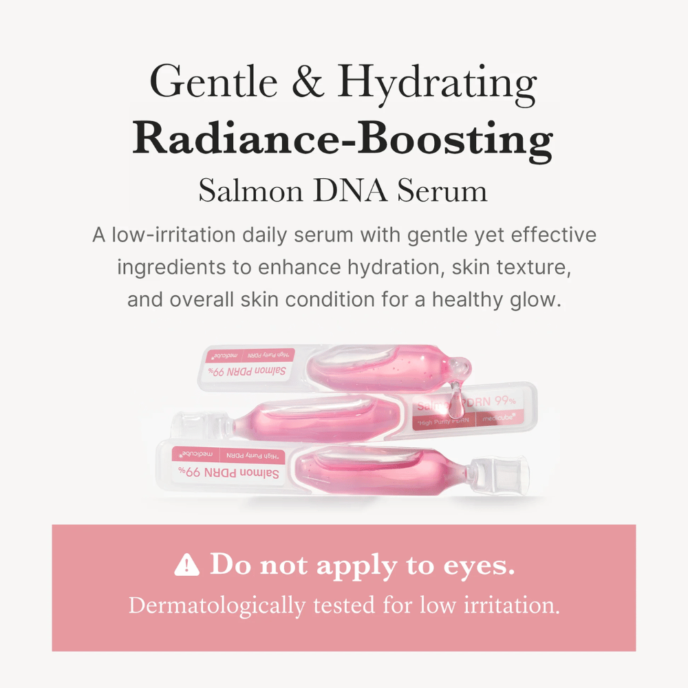 Medicube PDRN Pink One Day Serum au format ampoule. L’image décrit un sérum hydratant avec ADN de saumon (PDRN) qui a été testé dermatologiquement pour une faible irritation et développé pour un usage quotidien.