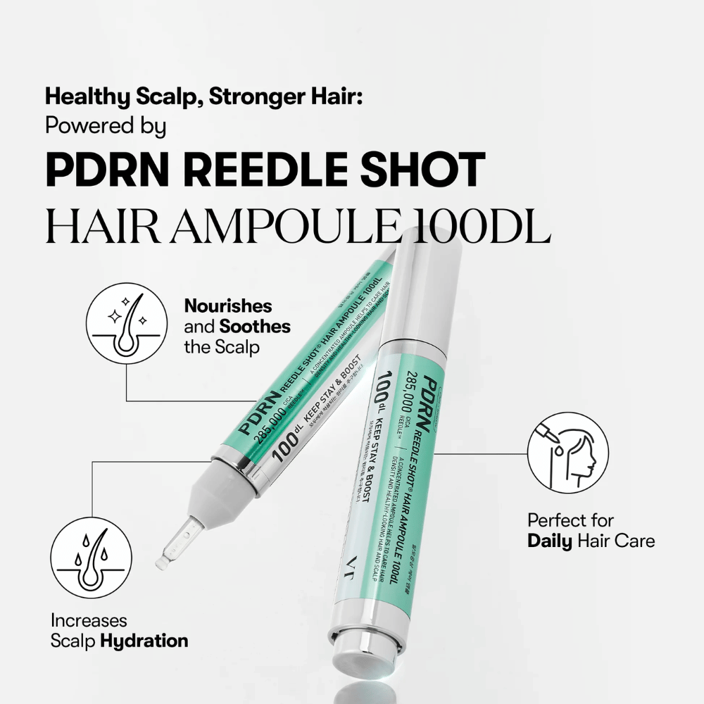 Présentation du produit PDRN Reedle Shot Hair Ampoule 100dL mettant l'accent sur les avantages tels que l'effet apaisant, l'hydratation accrue du cuir chevelu et le soin quotidien des cheveux.