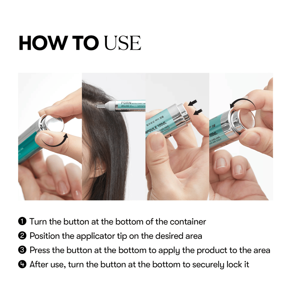 Image étape par étape montrant comment PDRN Reedle Shot Hair Ampoule 100dL est appliqué sur le cuir chevelu avec une fonction de rotation et de pression pour un dosage précis et hygiénique.