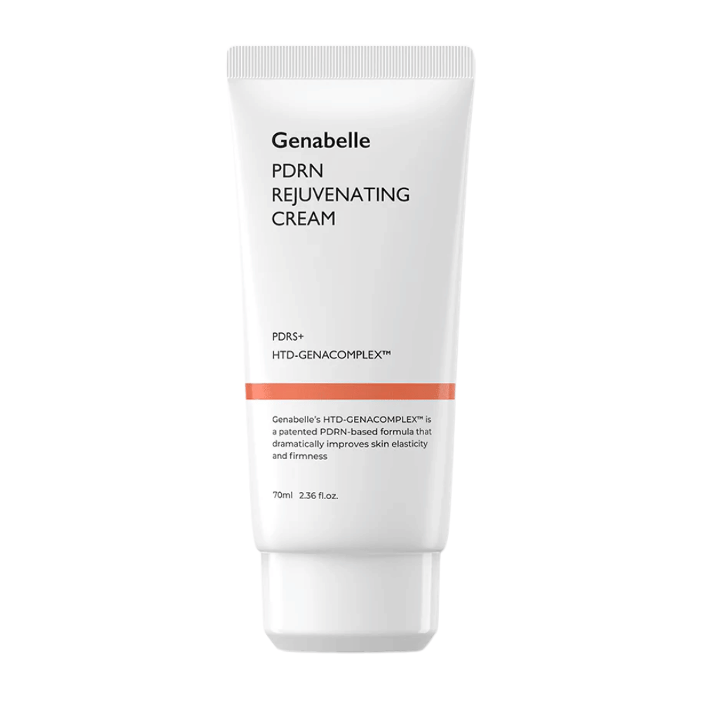 Image du produit de Genabelle PDRN Rejuvenating Cream en tube blanc sur fond blanc. crème visage hydratant avec PDRN et HTD-GENACOMPLEX™ qui aident à améliorer l’élasticité et la fermeté de la peau.