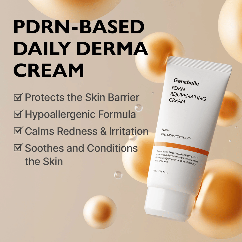 Genabelle PDRN Rejuvenating Cream entouré de sphères dorées symbolisant la technologie PDRN. L’image met en avant des propriétés renforçant la barrière cutanée, un effet apaisant et une formule hypoallergénique pour un usage quotidien.