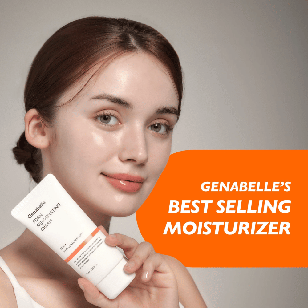 Une personne tient Genabelle PDRN Rejuvenating Cream devant la caméra. L’image met en avant le produit comme un crème visage best-seller, axé sur l’hydratation, le renouvellement cutané et une peau saine et éclatante.