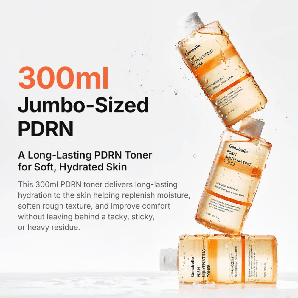 Genabelle PDRN Rejuvenating Toner 300 ml avec PDRN qui offre une hydratation longue durée, une peau plus douce et une sensation de peau fraîche sans effet collant.