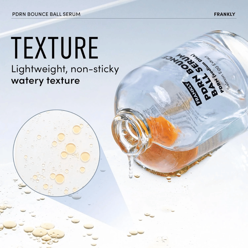 FRANKLY PDRN Bounce Ball Serum – formule légère et non collante avec une texture aqueuse qui hydrate et donne à la peau un éclat frais.