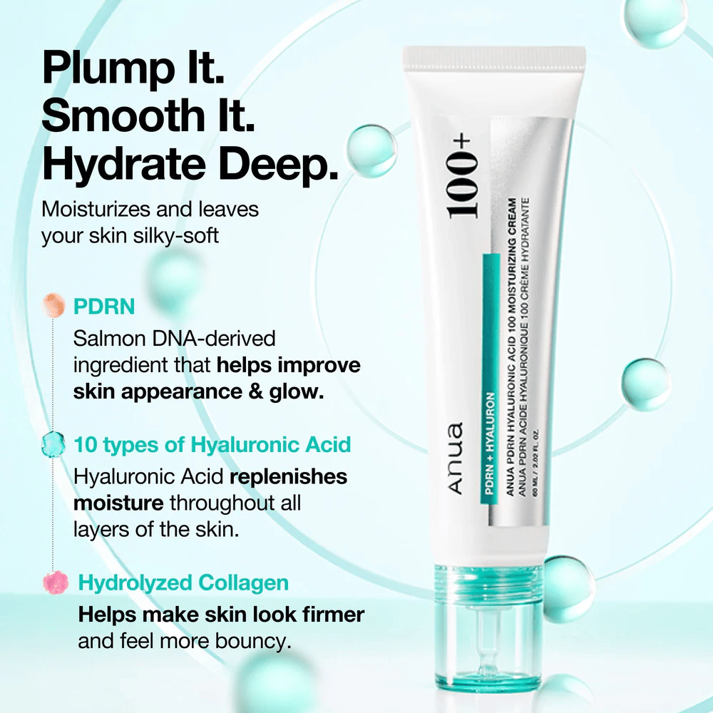 Anua PDRN Hyaluronic Acid 100 Moisturizing Cream avec acide hyaluronique, PDRN et collagène – hydrate, unifie et renforce la peau.