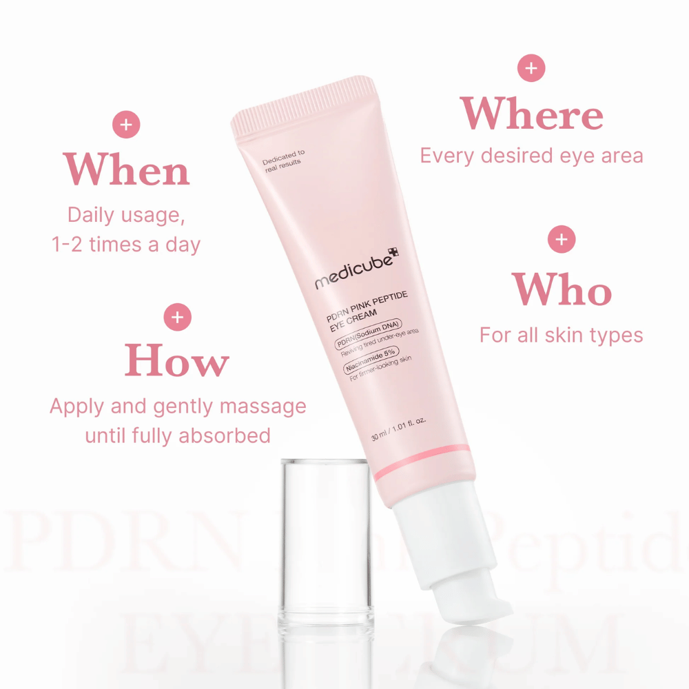 Medicube PDRN Pink Peptide Eye Cream, tube de 30 ml. Crème pour les yeux avec PDRN et 5 % de niacinamide. Utiliser 1 à 2 fois par jour autour des yeux. Convient à tous les types de peau.