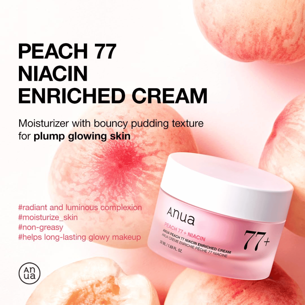 Anua Peach 77% Niacin Enriched Cream – crème hydratante à texture de pudding qui donne de l'éclat et du volume avec 77 % d'extrait de pêche.