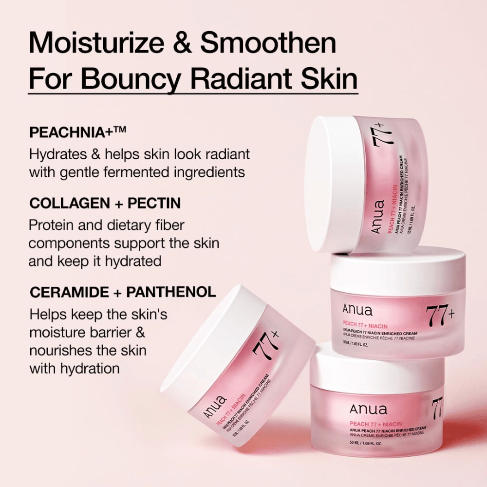Anua Peach 77% Niacin Enriched Cream avec PEACHNIA™, collagène, pectine, céramide et panthénol pour une peau hydratée et souple.