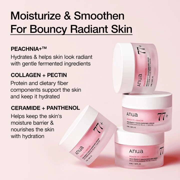 Anua Peach 77% Niacin Enriched Cream avec PEACHNIA™, collagène, pectine, céramide et panthénol pour une peau hydratée et souple.