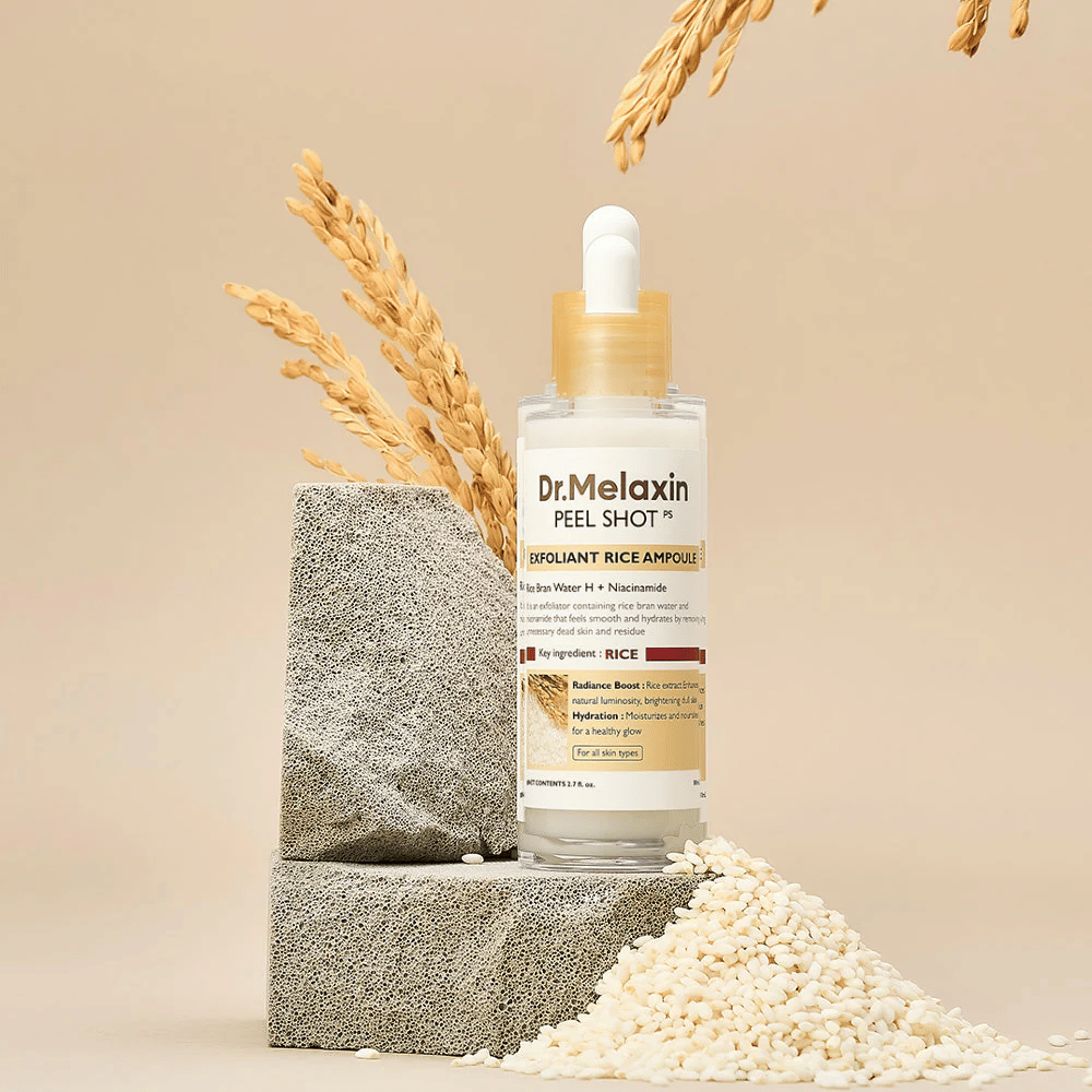 Dr.Melaxin Peel Shot Exfoliant Rice Ampoule dressé avec du riz et des blocs de pierre, ampoule exfoliante coréenne avec extrait de riz et niacinamide pour une peau plus claire et plus douce.