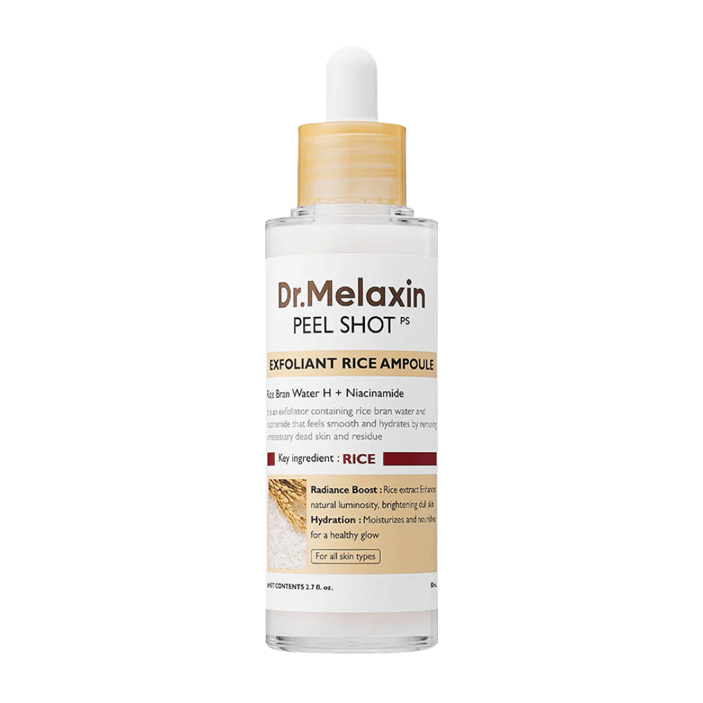 Dr.Melaxin Peel Shot Exfoliant Rice Ampoule en gros plan sur fond blanc, sérum exfoliant pour le visage avec extrait de riz et niacinamide pour un teint plus uniforme et un éclat accru.