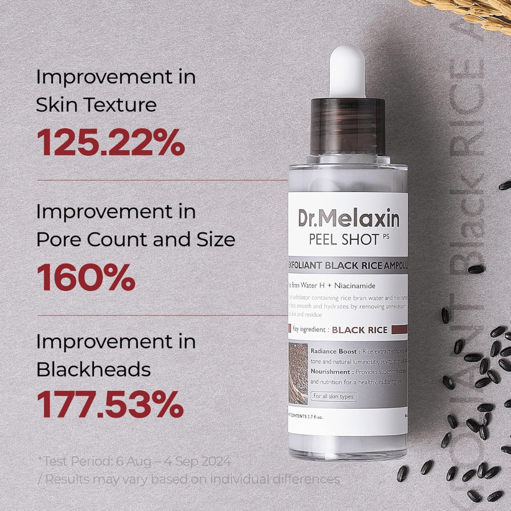 Dr.Melaxin Peel Shot Black Rice Ampoule améliore la texture de la peau, réduit les pores et diminue les points noirs