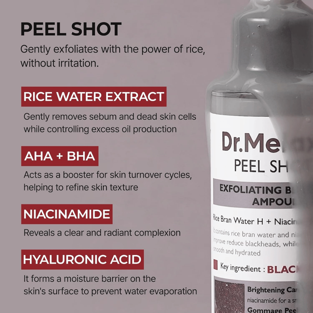 Dr.Melaxin Peel Shot Black Rice Ampoule avec extrait d'eau de riz, AHA BHA, niacinamide et acide hyaluronique pour l'exfoliation et l'affinement des pores