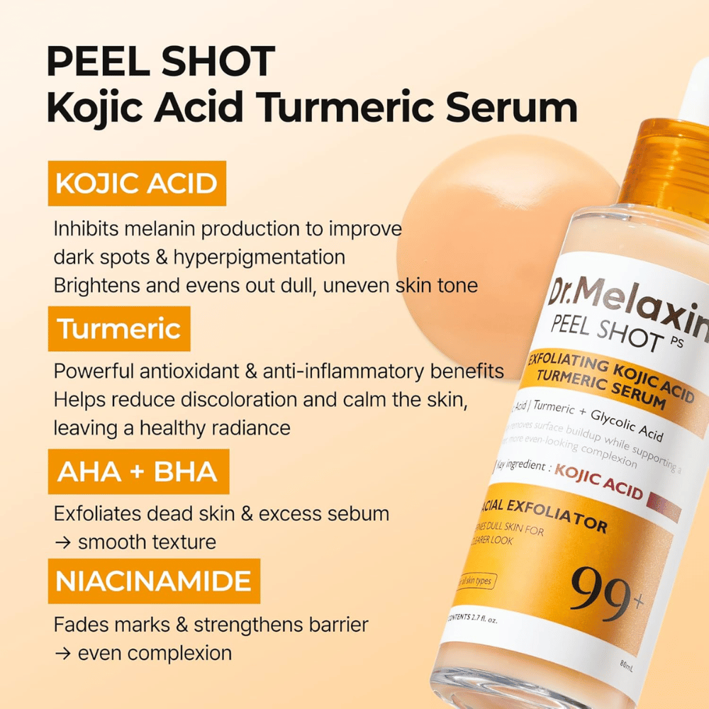 Sérum exfoliant à l’acide kojique et au curcuma à masser sur la peau pour réduire l’hyperpigmentation et apporter de l’éclat