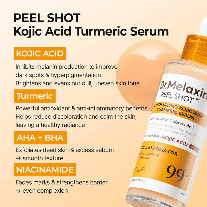 Sérum exfoliant à l’acide kojique et au curcuma à masser sur la peau pour réduire l’hyperpigmentation et apporter de l’éclat