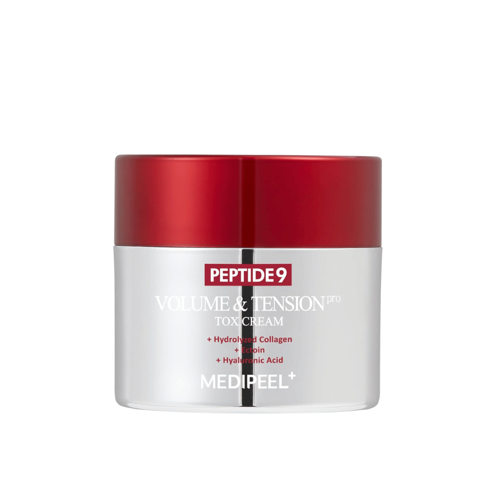 MEDI-PEEL Peptide 9 Volume & Tension Tox Cream dans un pot argenté avec un couvercle rouge. Une crème anti-âge avec des peptides et du collagène qui renforce l'élasticité de la peau.