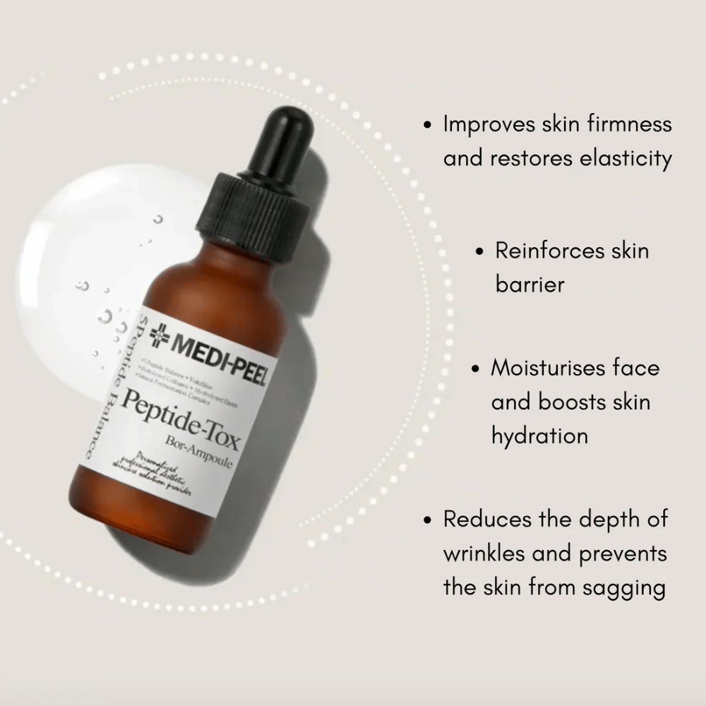 MEDI-PEEL Peptide-Tox Bor Ampoule – sérum facial coréen aux peptides qui améliore la fermeté de la peau, renforce la barrière cutanée, hydrate en profondeur et réduit les rides visibles.