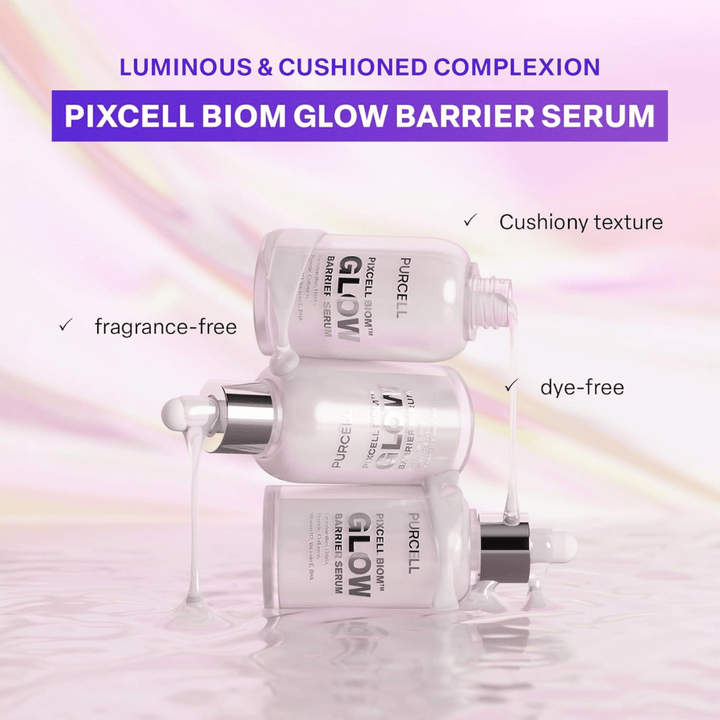 Tre flaskor av PURCELL Pixcell Biom Glow Barrier Serum staplade med rinnande serum. Fragrance-free, dye-free och med mjuk, cushiony textur.