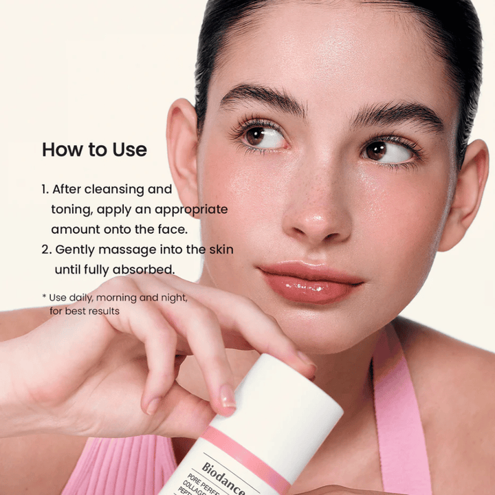 Biodance Pore Perfecting Collagen Peptide Cream application après nettoyage – hydratant et raffermissant crème visage avec peptides et collagène