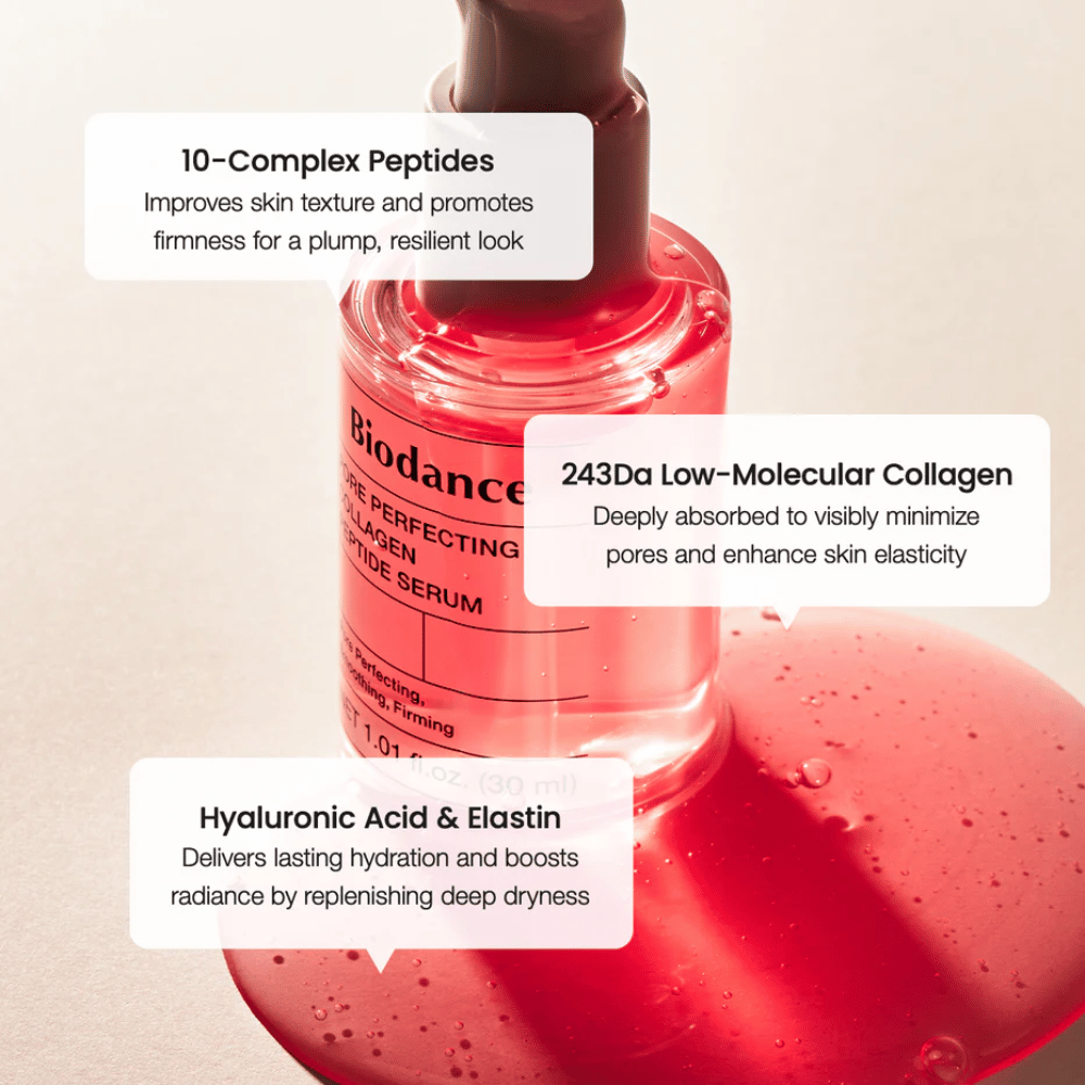 Biodance Pore Perfecting Collagen Peptide Serum avec peptides, collagène et acide hyaluronique pour une peau plus ferme.
