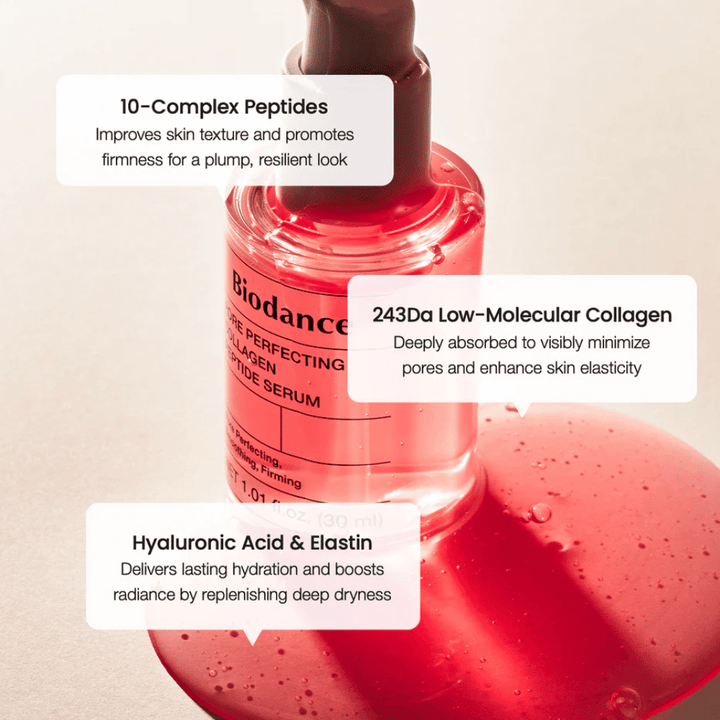 Biodance Pore Perfecting Collagen Peptide Serum avec peptides, collagène et acide hyaluronique pour une peau plus ferme.