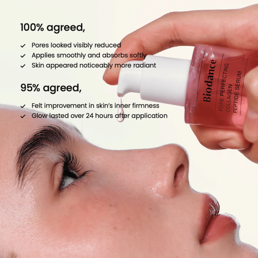 Biodance Sérum Peptide de Collagène est appliqué sur le visage – sérum raffermissant pour des pores réduits et une luminosité accrue.