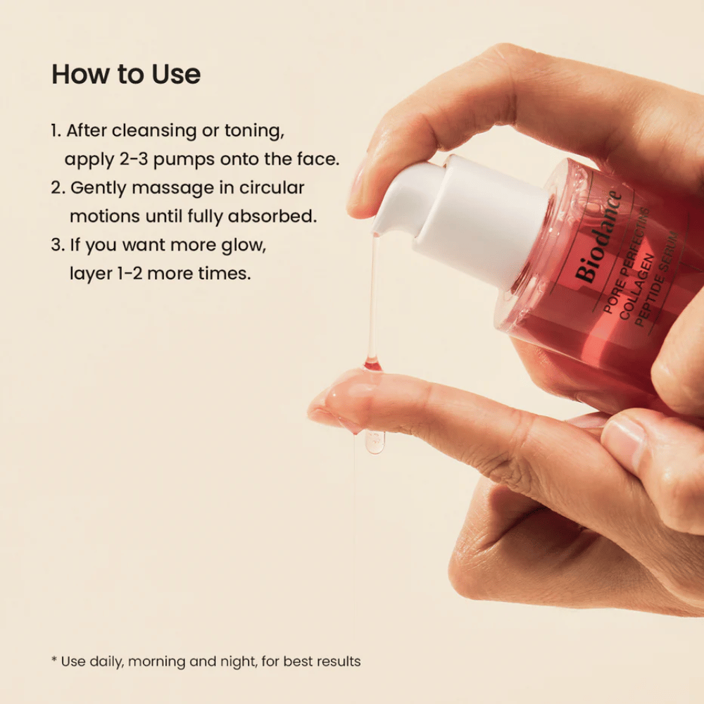 Biodance Pore Perfecting Collagen Peptide Serum est appliqué – sérum réducteur de pores avec collagène et peptides.