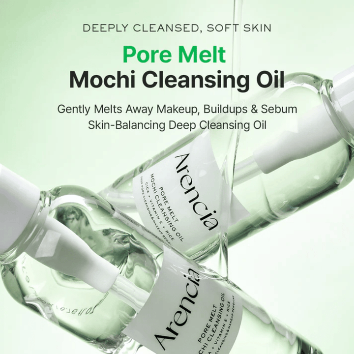 Image produit avec avantages pour Arencia Pore Melt Mochi Cleansing Oil, dissout le maquillage et le sébum, soutient la barrière cutanée et laisse la peau douce sans sensation de tiraillement.