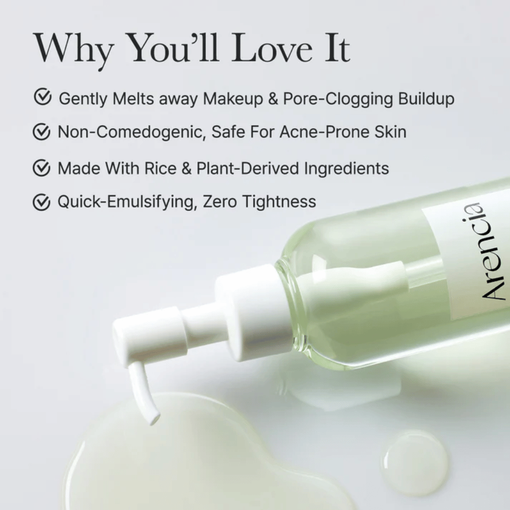 Image d'information sur Arencia Pore Melt Mochi Cleansing Oil 100 % compatible avec les pores et non comédogène, conçue pour les peaux sensibles et sujettes à l'acné.