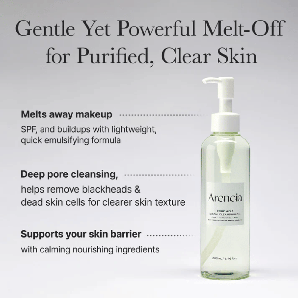 Arencia Pore Melt Mochi Cleansing Oil en gros plan avec texte sur le nettoyage en profondeur, dissout le maquillage, SPF et les impuretés tout en préservant l'équilibre hydrique de la peau.