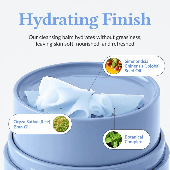 Dr.Althea Pore Refresh Grinding Cleansing Balm med texten "Hydrating Finish" ovanför. Produkten innehåller Simmondsia Chinensis (Jojoba) Seed Oil, Oryza Sativa (Rice) Bran Oil, och ett botaniskt komplex. Krämen ger en återfuktande effekt utan att kännas fet, vilket lämnar huden mjuk, närd och fräsch.