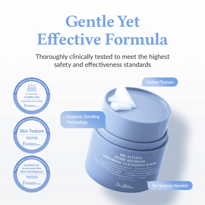 Dr.Althea Pore Refresh Grinding Cleansing Balm med texten "Gentle Yet Effective Formula" ovanför. Burken har ett sorbet-textur med hygienisk malningsteknologi och kräver ingen spatula för användning. Kliniskt testad för känslig hud och aknebenägen hud (icke-komedogen).