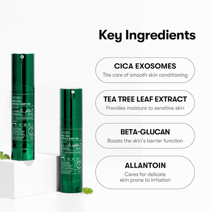 VT Cosmetics Pro Cica Reedle Shot 100 avec des ingrédients clés tels que les exosomes CICA, l'extrait de tea tree, le bêta-glucane et l'allantoïne pour des soins apaisants et renforçant la barrière