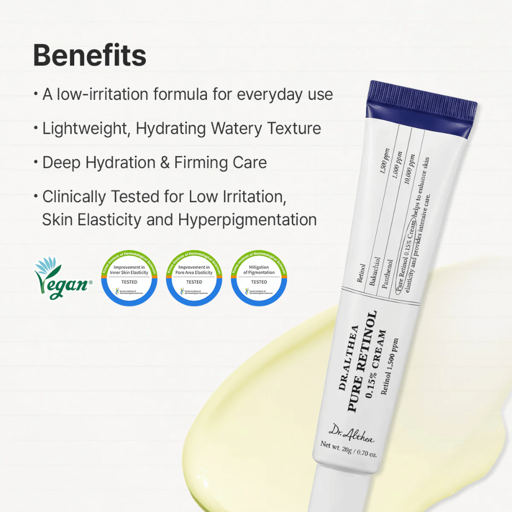 Image des bienfaits présentant les principales caractéristiques du produit. Sont ici mises en avant la formule faiblement irritante, la texture hydratante, l’effet raffermissant ainsi que les tests cliniques sur l’élasticité de la peau et la pigmentation. Le label végan et les résultats des tests sont clairement affichés avec le produit.