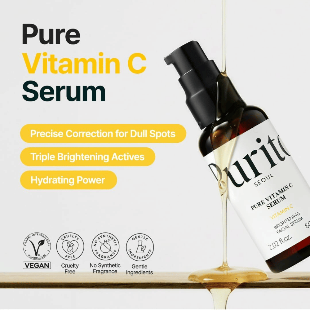 Purito SEOUL Pure Vitamin C Serum avec de la vitamine C, de l’eau de bambou hydratante et des ingrédients illuminateurs – formule végane et cruelty-free sans parfum synthétique.