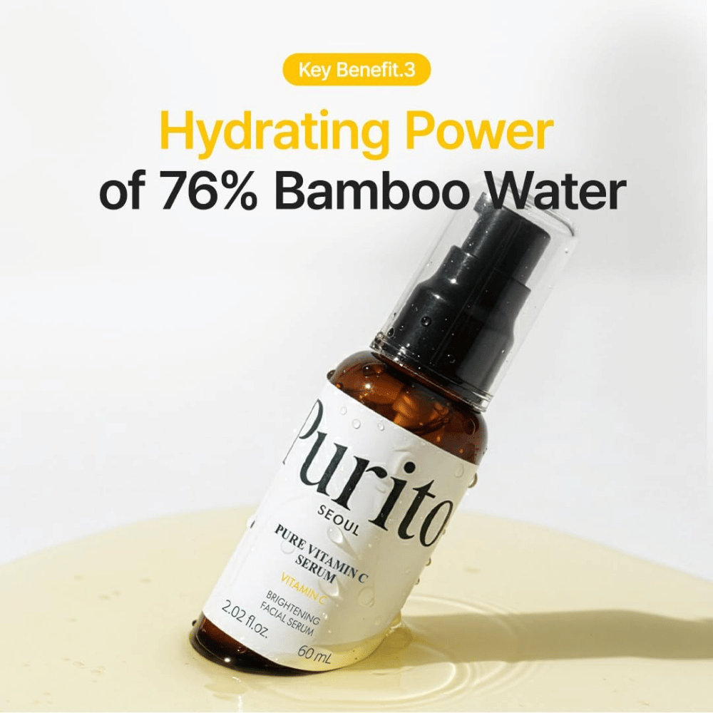 Purito SEOUL Pure Vitamin C Serum avec 76 % d’eau de bambou qui aide à hydrater la peau tout en apportant de l’éclat grâce au sérum.