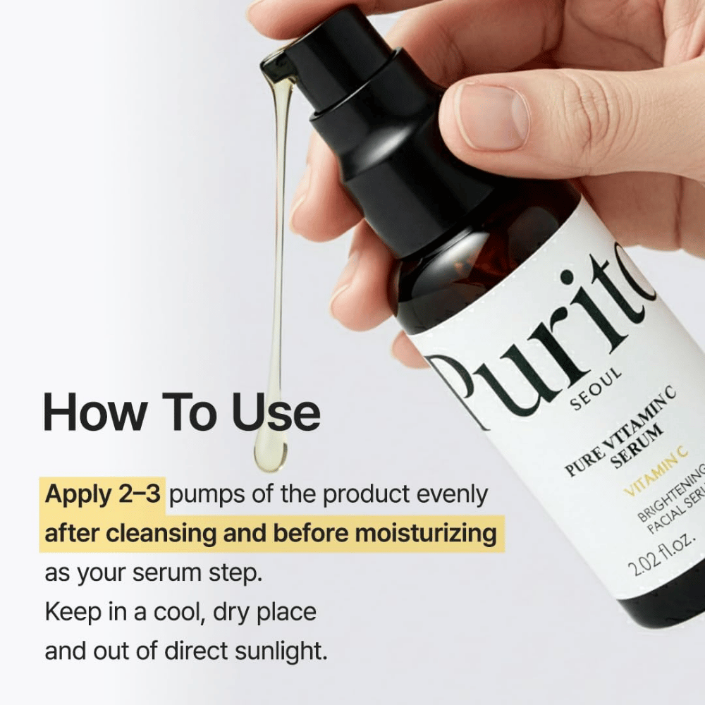 Comment utiliser Purito SEOUL Pure Vitamin C Serum – appliquez 2 à 3 pressions après le nettoyage et avant crème visage, à l’étape du sérum dans la routine de soins de la peau.