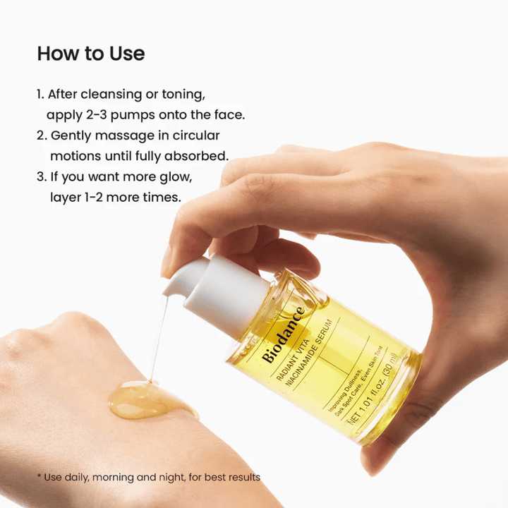 Biodance Radiant Vita Niacinamide Serum est appliqué sur la main – comment utiliser le sérum après le nettoyage pour un teint plus uniforme et éclatant