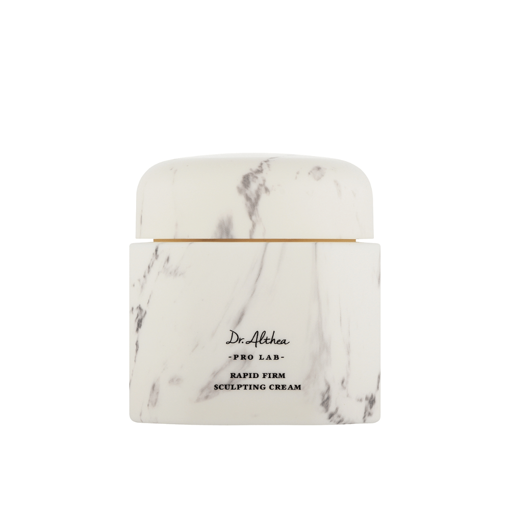 Dr. Althea Pro Lab Rapid Firm Sculpting Cream dans un pot marbré élégant. Une crème pour le visage luxueuse qui raffermit et hydrate la peau, en se concentrant sur le lifting et le soutien pour un éclat jeune.