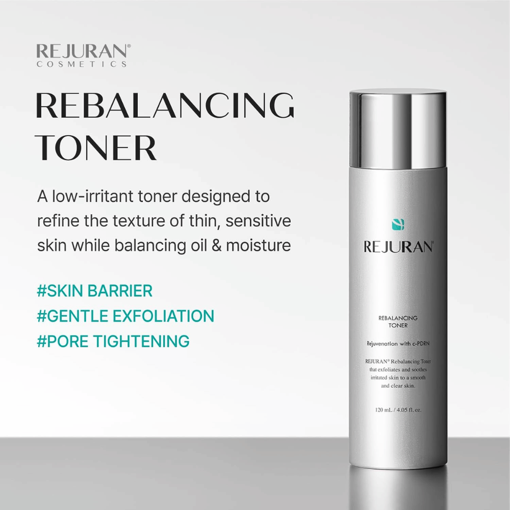 Rejuran Rebalancing Toner 120 ml, tonique pour le visage légèrement exfoliant avec C-PDRN pour peau sensible. Flacon argenté avec les bienfaits du produit.