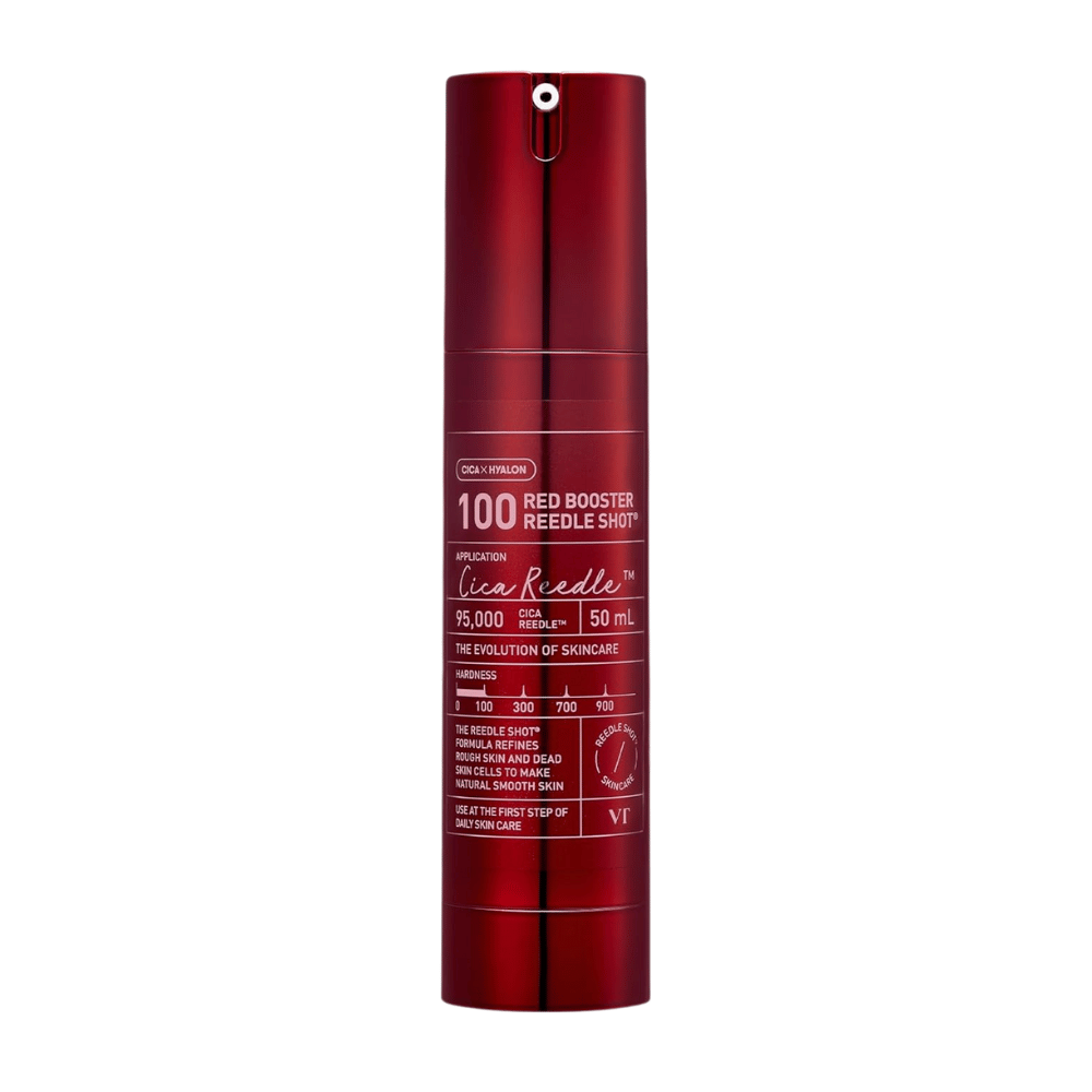 VT Cosmetics Red Booster Reedle Shot 100 sérum microneedling dans une bouteille rouge sur fond blanc, 50 ml, conçu pour l'exfoliation, le renouvellement de la peau et une absorption améliorée dans la routine de soins de la peau.