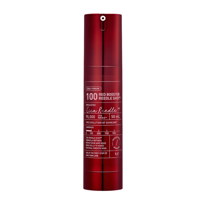 VT Cosmetics Red Booster Reedle Shot 100 sérum microneedling dans une bouteille rouge sur fond blanc, 50 ml, conçu pour l'exfoliation, le renouvellement de la peau et une absorption améliorée dans la routine de soins de la peau.
