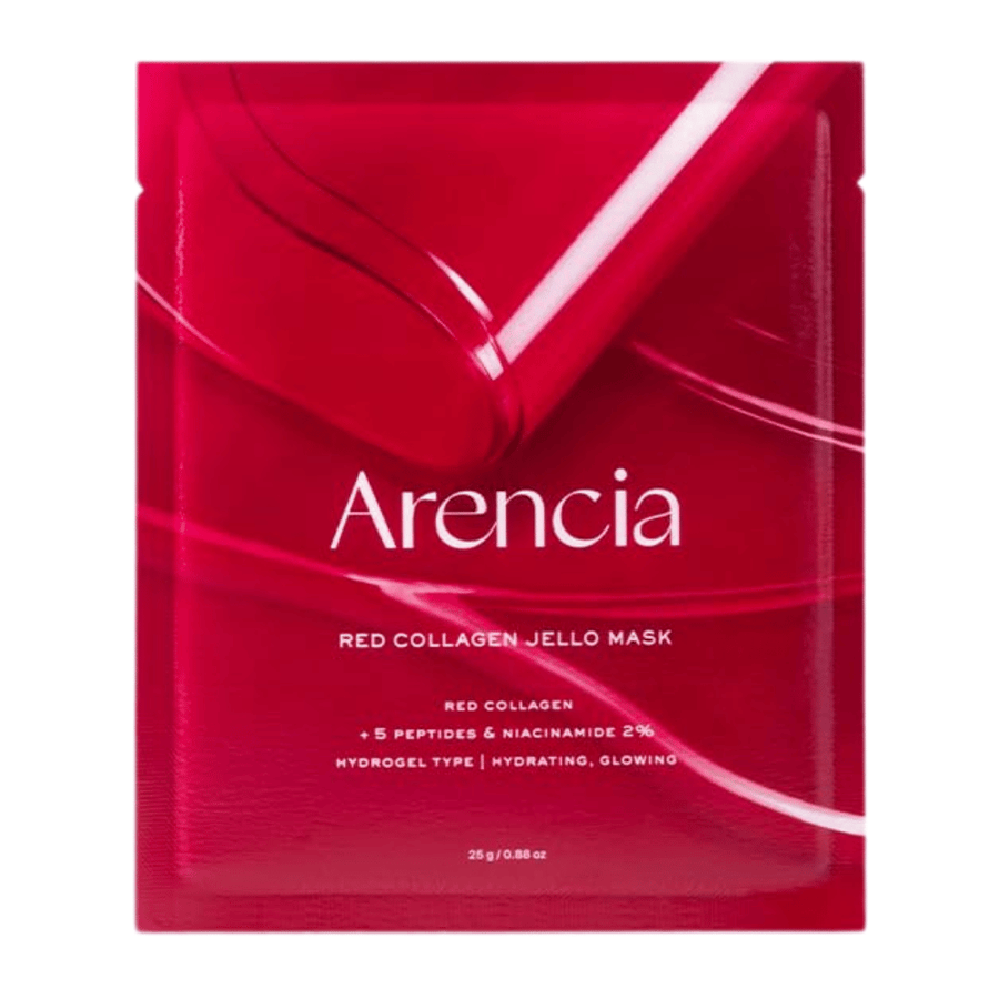 Gros plan sur Arencia Red Collagen Jello Mask montrant la consistance gélifiée et le masque riche en sérum pour un soin intensif au collagène.