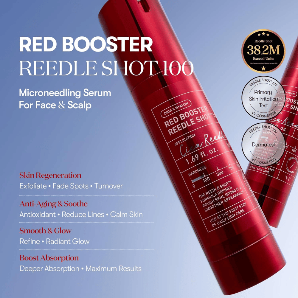 VT Cosmetics Red Booster Reedle Shot 100 sérum microneedling pour le visage et le cuir chevelu, conçu pour le renouvellement de la peau, une absorption accrue, un effet anti-âge, un teint plus uniforme et un éclat naturel.