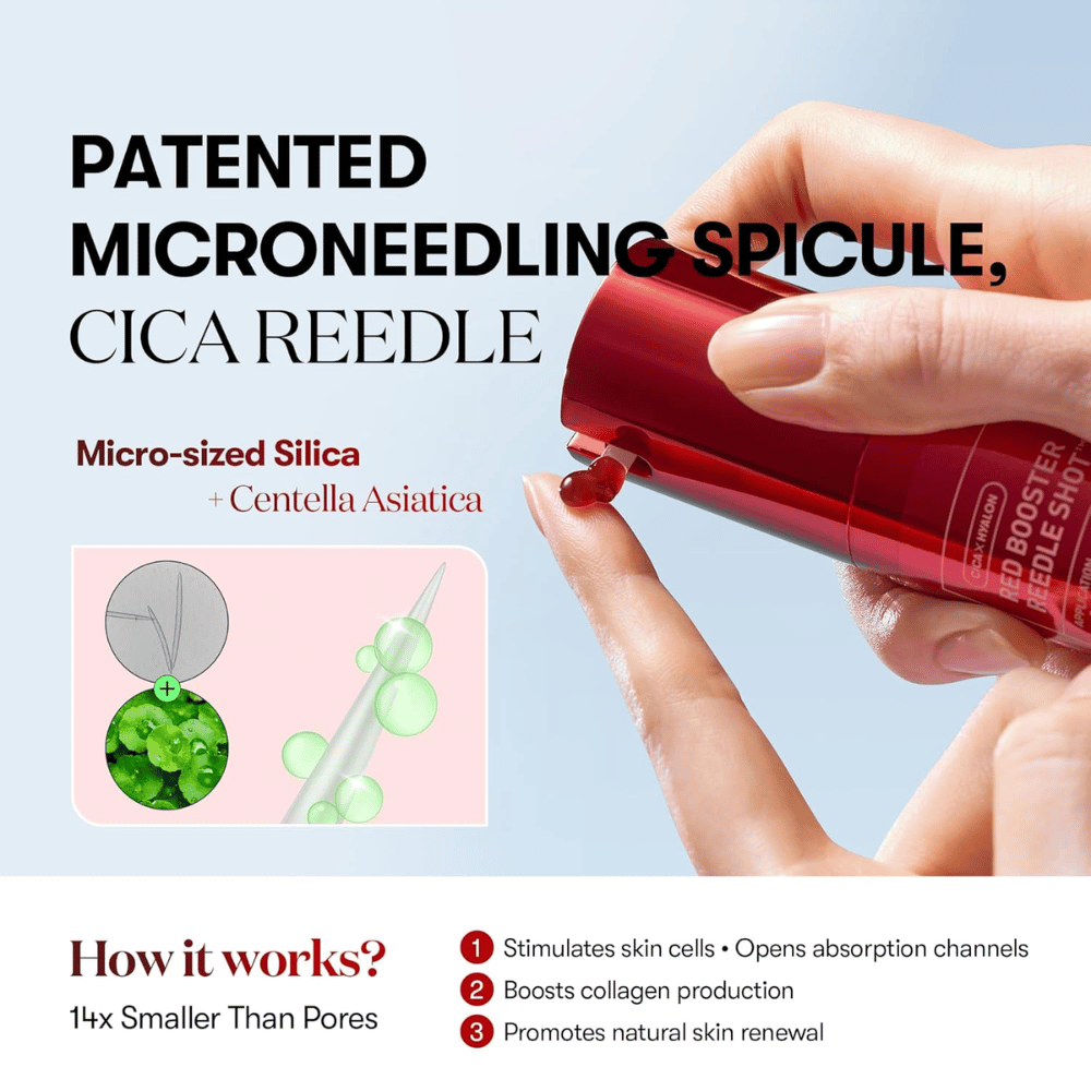 Gros plan sur VT Cosmetics Red Booster Reedle Shot 100 montrant un spicule microneedling breveté avec CICA Reedle, silice microscopique et Centella Asiatica qui stimule le renouvellement de la peau et le collagène.