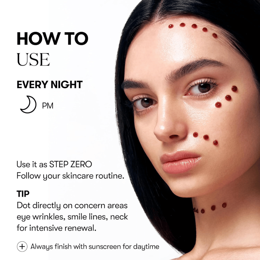 Le modèle montre comment VT Cosmetics Red Booster Reedle Shot 100 est appliqué par points sur le visage le soir, comme première étape de la routine de soins de la peau, pour un renouvellement intensif des rides, ridules et de la structure de la peau.