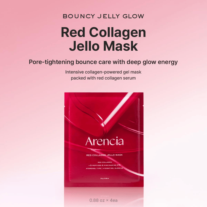 Arencia Red Collagen Jello Mask dans l'emballage d'origine – masque hydrogel coréen avec collagène rouge et peptides pour une peau repulpée, hydratée et éclatante.