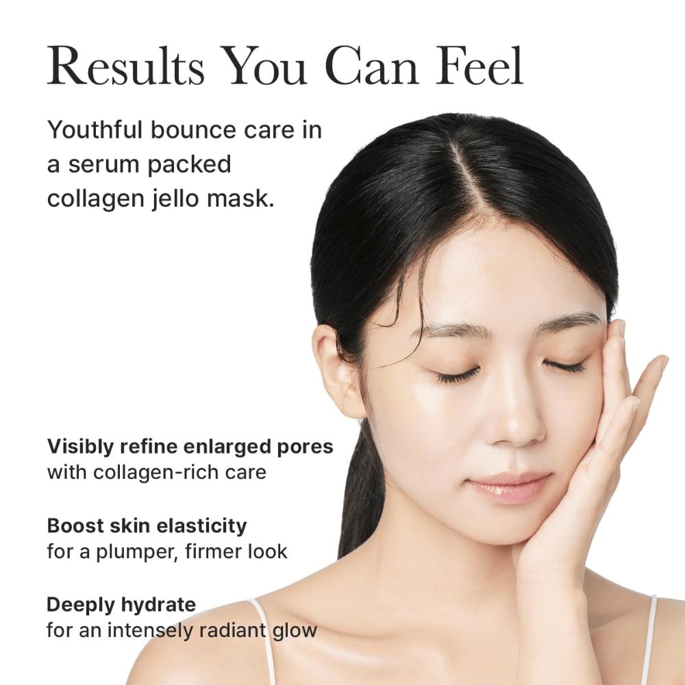 Résultats de Arencia Red Collagen Jello Mask – peau visiblement plus ferme, élasticité améliorée, pores minimisés et hydratation intense avec éclat.